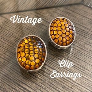 Vintage Mosaic Dot Amber Glow Honeycomb Clip Earrings